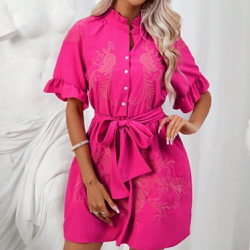 Pink Boho Womens Paisley Embroidery Flounce Sleeve Belted Shirt Dress - Picture 5 of 5